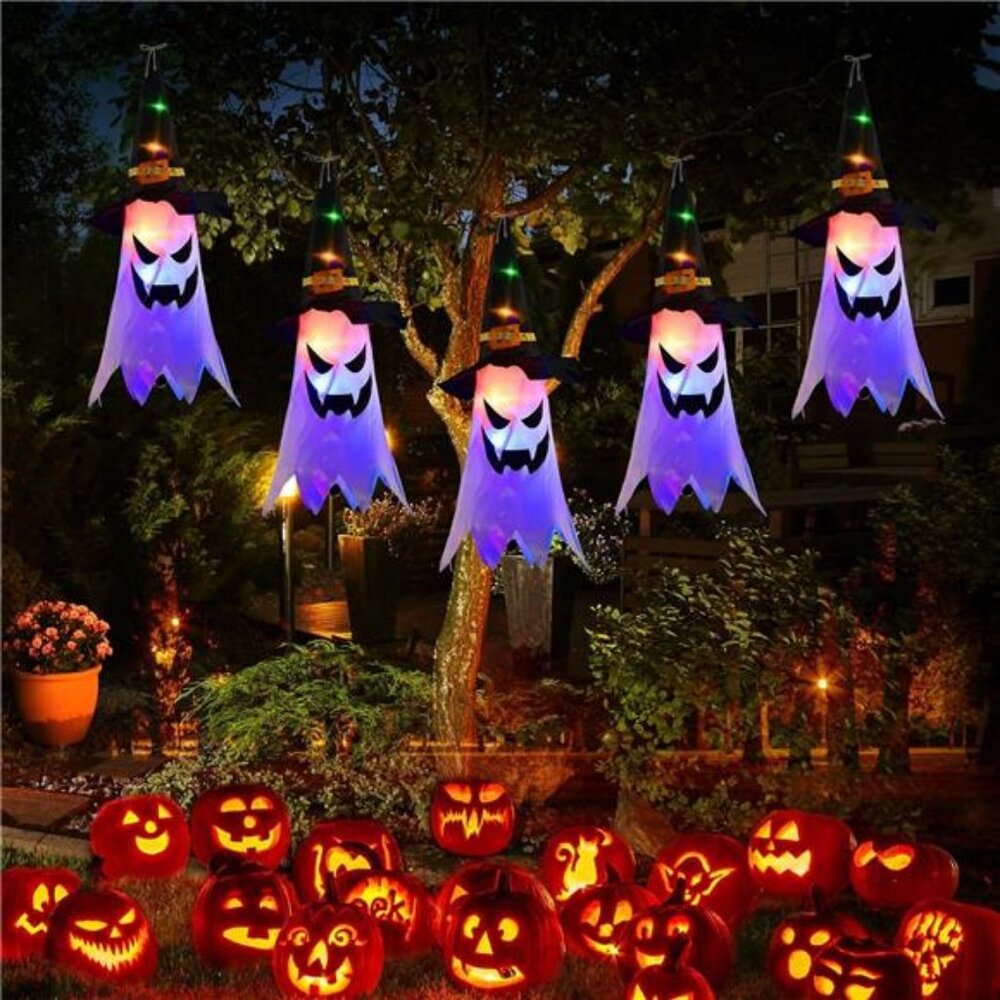 Outdoor Halloween Ghost Hat Lights, 8 Flashing Modes Lighted Scary Hanging Ghost